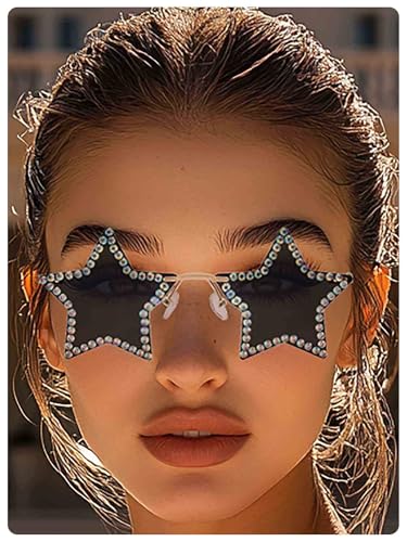 Woeoe Rimless Star Shape Sunglasses Crystal Sun Glasses for Women Personality​ Pentagram Eyewears Costume Party Accessory​