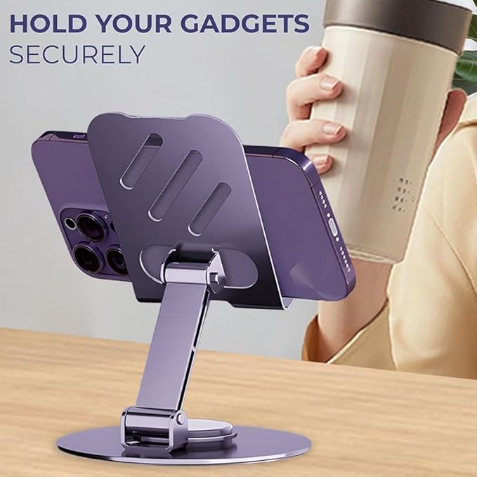 Image of WALLVIEW TECH Aluminium Stand Portable Desktop Phone Stand 360 Rotatable and Foldable Cell Phone Holder Metal Base for Table & Bed Compatible with All Smartphones & Tablets Desk-Purple