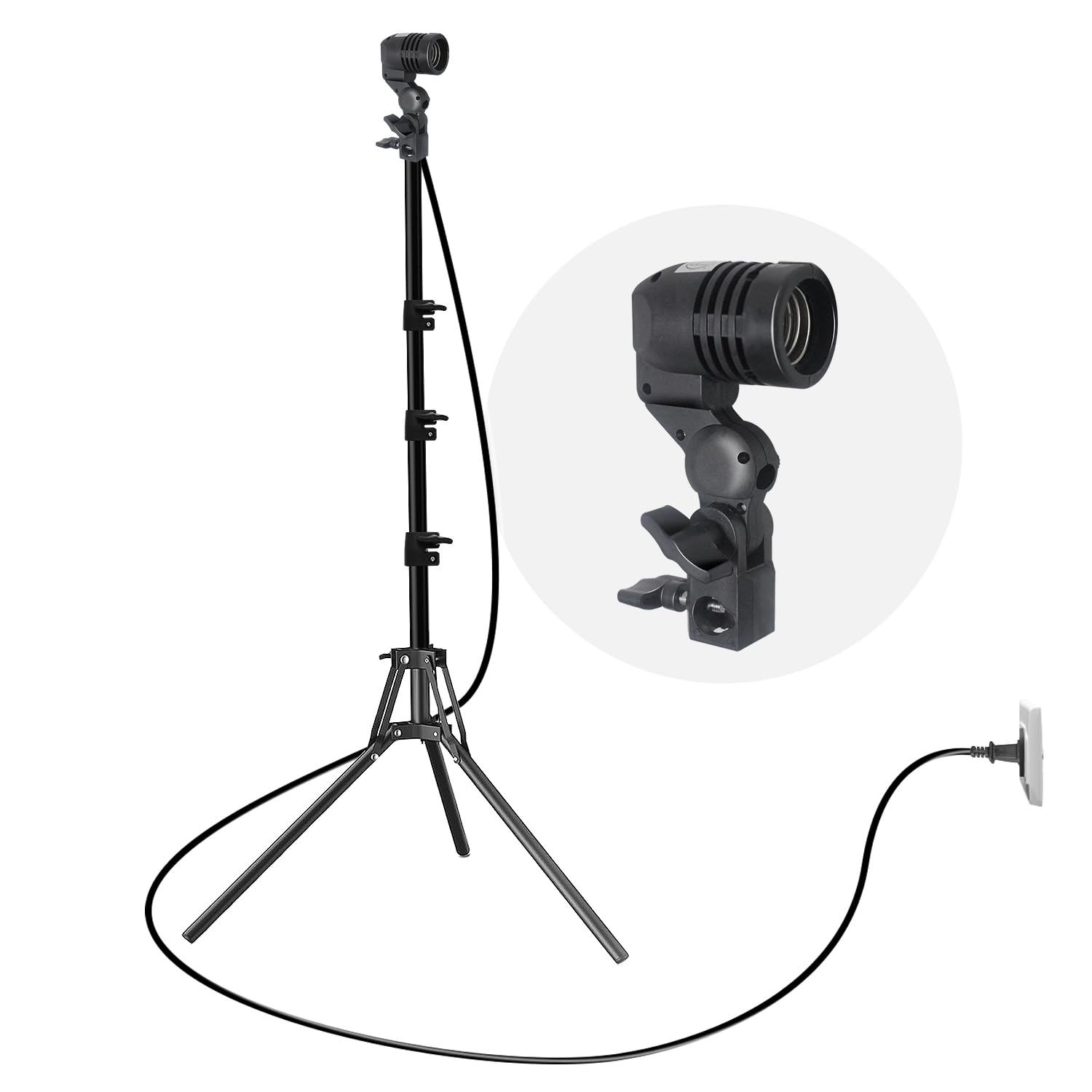LimoStudio Photography AC Socket for Universal Bulb E26 E27 Base with Umbrella Reflector Holder, 7 ft. (83 inch) Light Stand Tripod Lamp Holder, UL Listed, 11 ft. Upgraded-Long Cable Cord, AGG2945