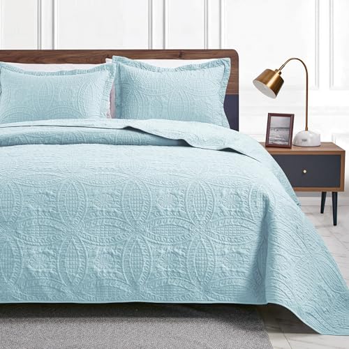 Love's cabin California King Size Quilt Set Spa-Blue Bedspreads - Soft Summer Lightweight Polyester Bedspread- Modern Style Coin Pattern Coverlet for All Season - 3 Piece (1 Quilt, 2 Pillow Shams)