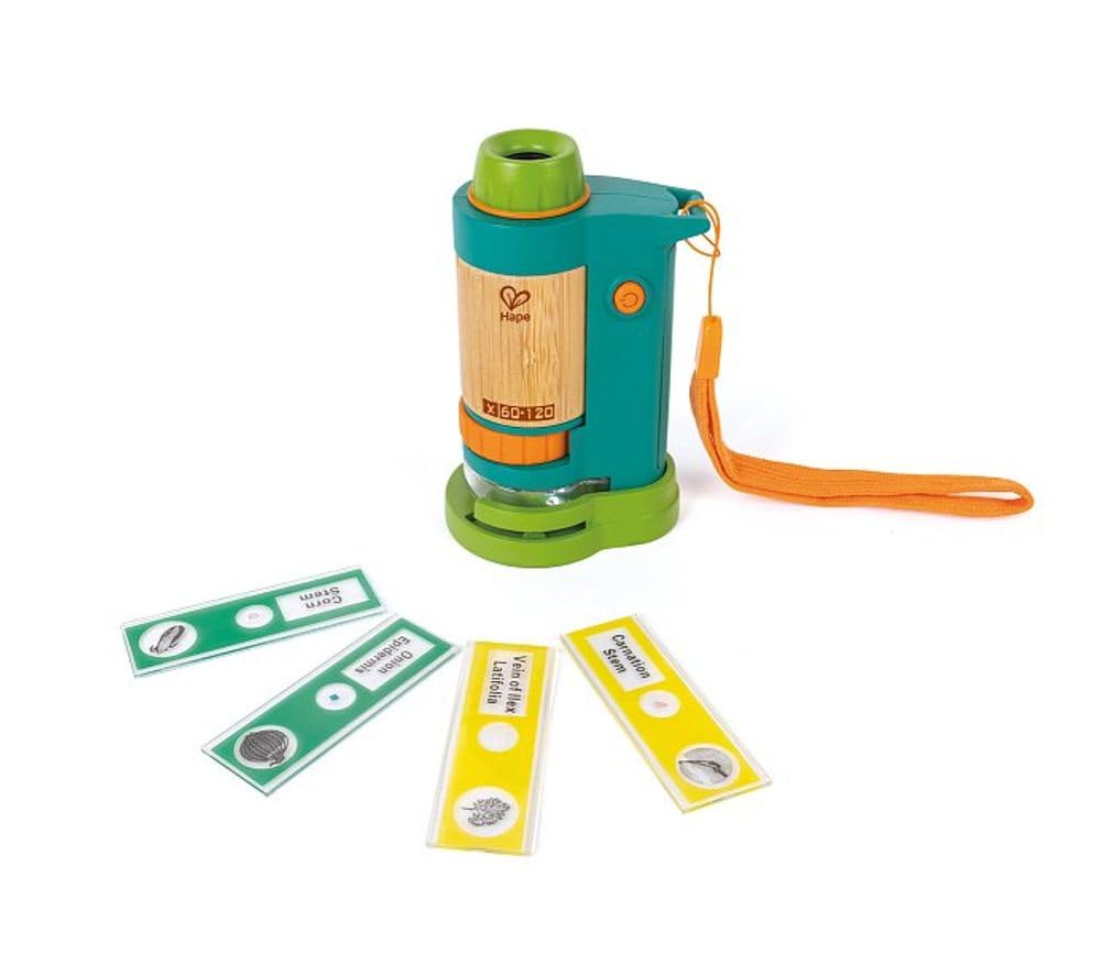 Hape Microscope pour Enfants Scientifique - Microscope Portable en Bambou Adapté aux Enfants de 4 Ans et Plus - Grossissement Entre 60 et 120x - Éclairage LED Intégré - Explorateur Découverte