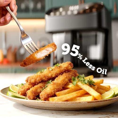 Image of Kismile 5QT Glass Air Fryer, Non Toxic AirFryer with Digital Touch Control | BPA-Free, 1500W, Portable, Dishwasher Safe Basket, Up to 400F, 95% Less Oil Cooking, Black