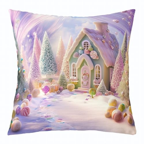 Loussiesd Fundas de almohada de Navidad de color morado y rosa para el hogar, sofá, cama, árbol de Navidad, casa de jengibre, 55 x 55 cm, decoración de habitación de niños, fundas de cojín de caramelo