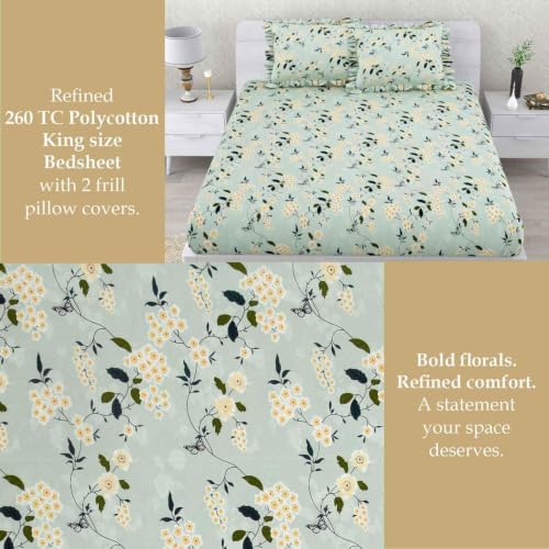 Image of King Size Fitted Bedsheet for Double Bed | 300 TC Cotton Feel Microfiber | All Around Elastic with 2 Frill Pillow Covers | Soft & Durable | (GreenFloralFrill, Fitted - Double72x72)