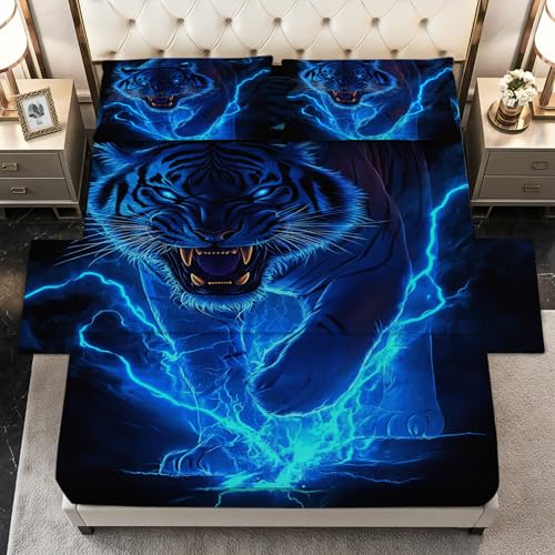 Tiger Sheets Twin XL Size - Wild Animal Bed Sheet Set - Deep Pocket Soft Microfiber Bedding Set 3 Piece - Fitted Flat Sheet Pillowcase - Tiger Bedroom Decor & Gifts