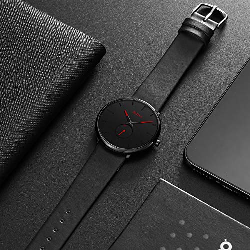 Mens Watch Minimalist Fashion Luxury Ultra Thin Wrist Watches for Men Business Dress Waterproof Casual Quartz Watch for Man with Leather Band - Black Red