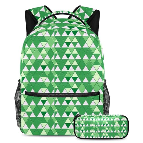 Sac à dos tendance triangle vert géométrique avec trousse d'école assortie