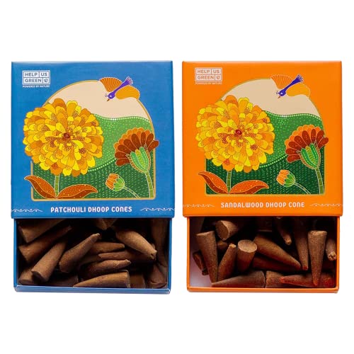 Image of HelpUsGreen Natural Dhoop Cones Patchouli and Sandalwood (80 Cones Pack of 2)|Charcoal Free Organic Incense Cones|Low Smoke Long Lasting Incense for Pooja Meditation Aromatheraphy|Free Ceramic Holder