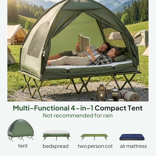 Outsunny All in 1 Camping Combo Portable Folding Camping Tent Cot Air Mattress w/ Carry Bag and Pump Hiking Shelter Sleeping Bed Dark Green image 6