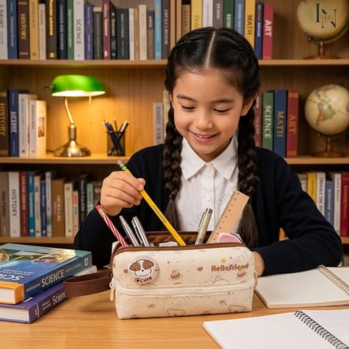 Image of Large Capacity Pencil Pouch Aesthetic Pencil Bag Multiple Compartments Girl Cute Stationery School College Pouch Travel Pouch for Girls Kids School Accessories (Beige Hello Friend)