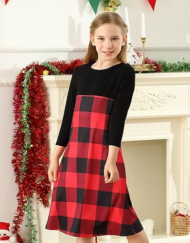 KYMIDY Girls Buffalo Check Plaid Dress Kids 3/4 Sleeve Casual Midi Dresses with Pockets for Girls 6-14 Years3