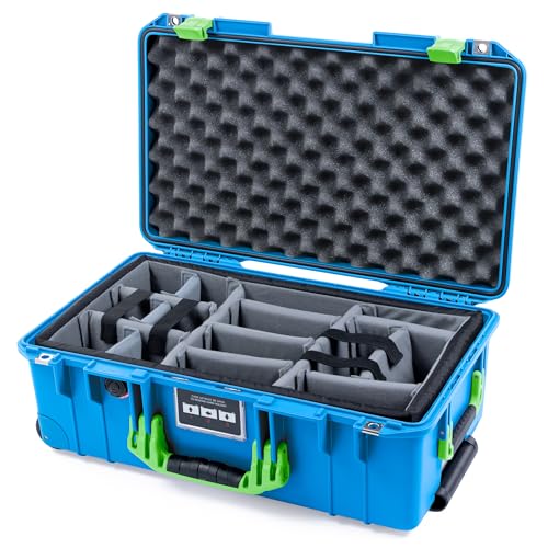 ColorCase Pelican Air 1535 Carry-on Case Electric Blue - Medium Size Waterproof Case with Gray Padded Microfiber Dividers & Lid Foam - Lime Green Handles & Latches