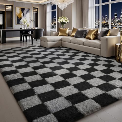 Treeboy Rugs Living Room 160x230cm,Black and Grey Checkered Area Rug for Bedroom,Washable Anti Slip Extra Large Shaggy Rug Soft Fluffy Rug Fuzzy Carpet for Kids Room Nursery,Dorm Home Decor