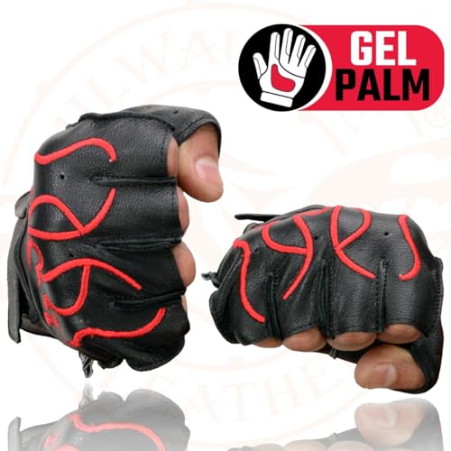 Image of Milwaukee Leather SH198 Men's Black Flame Embroidered Fingerless Gloves with Gel Palm | Padded Comfort; Vibration Relief; Flame Embroidery
