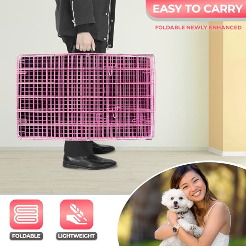 FDW Dog Crate for Small Dogs 24 Inch Folding Metal WirePet Cage Double Door W/Divider Panel Indoor Outdoor Kennel Leak-Proof Plastic Tray,Pink by FDW - Image 5