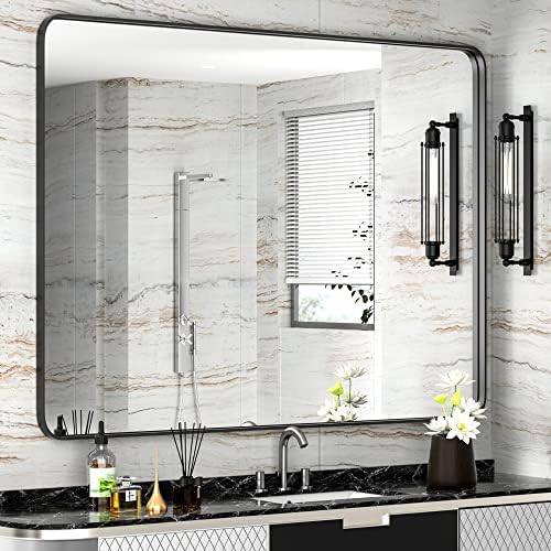 PAIHOME 30x40-Inch Matte Black Bathroom-Vanity-Mirror for Wall, 304 Stainless Steel Frame Bathroom Mirrors, Rounded Corner Rectangle Farmhouse Mirror, Vertical Or Horizontal Hanging Modern Mirror