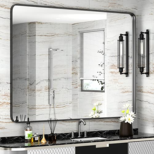 Paihome 30X40-Inch Matte Black Bathroom-Vanity-Mirror For Wall, 304 Stainless Steel Frame Bathroom Mirrors, Rounded Corner Rectangle Farmhouse Mirror, Vertical Or Horizontal Hanging Modern Mirror #TOP8