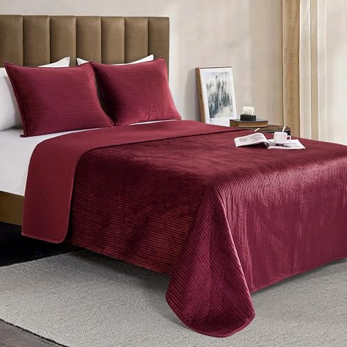 Elegant Comfort Luxury 3-Piece Velvet Corduroy Stripe Quilt Set, Ultra Soft Bedspread - Cozy Velvet Coverlet Set - 3PC Medium Weight Quilted Set with Matching Pillow Shams, Full, Burgundy