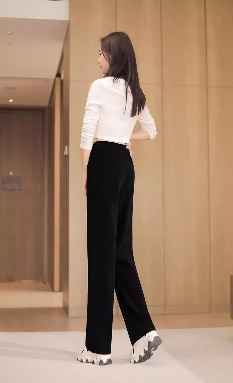 Women's Pants Summer Elastic High-Waisted Straight-Leg Drawstring Pants-Grey-Small