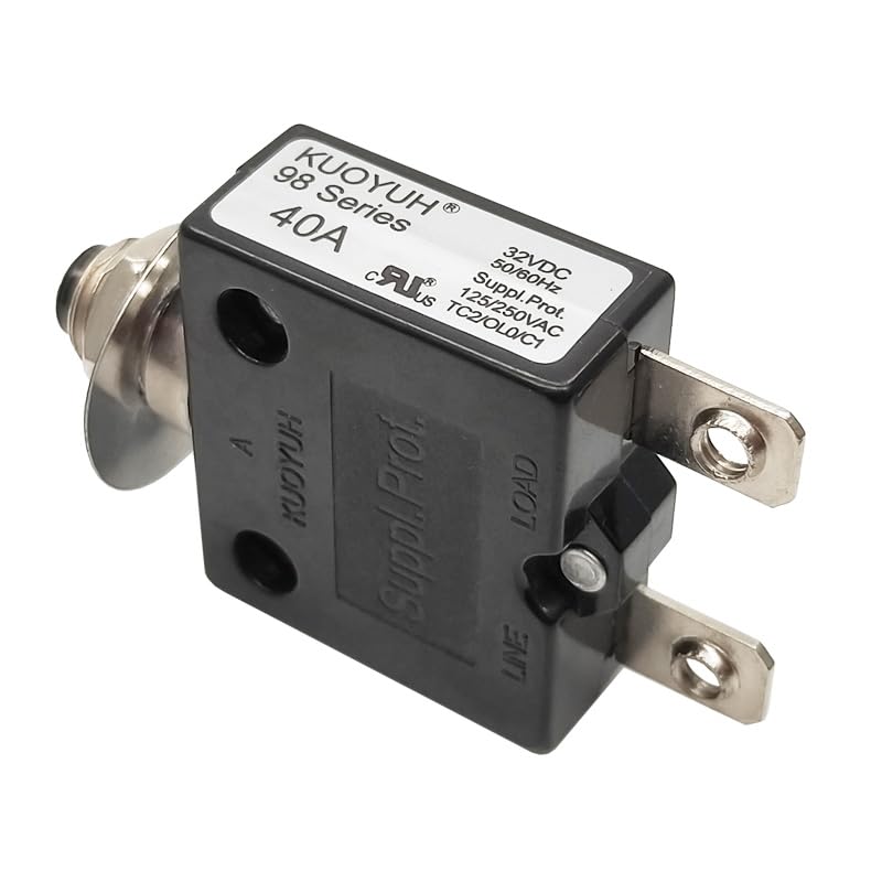 98H Series 40 Amp Electric Button Breaker 125/250V AC 50V DC, Circuit Breaker Thermal Overload Protector 98 Series with Quick Connect Terminals, Manual Reset, Waterproof Button Cap