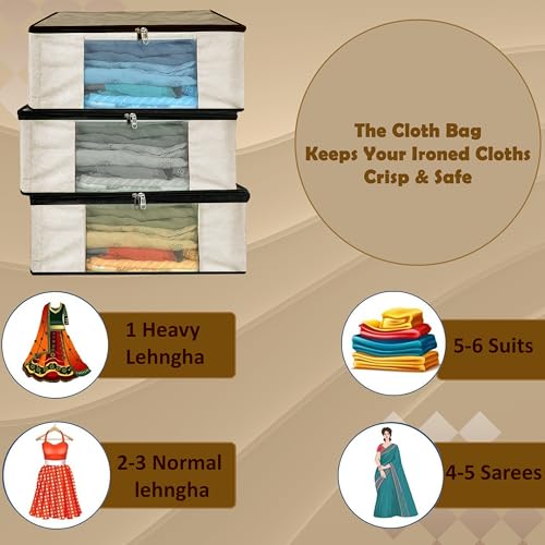 Image of Storite 3 Pack Cotton Canvas Clothes Storage Bags /Saree Bags Covers with Zip for Storage Specially Design for Woman Dresses, Sarees, Lehengas for Wardrobe Organizer (42.2cm x 36cm x 20cm) Beige