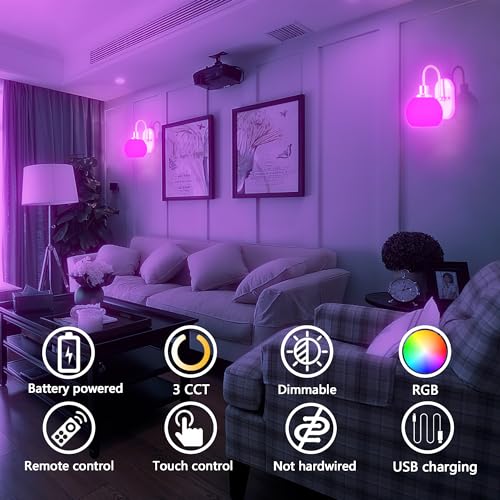 Image of Battery Operated Wall Sconce Set Of Two, RGB Color Changing Dimmable Sconces With Remote For Bedroom Living Room, Easy To Install