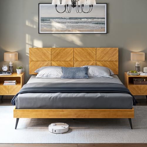 Image of Bme Rhombus King Bed Frame - Solid Rubber Wood with Geometric Rhombus Headboard, Teak Brown Finish, Scandinavian Modern Platform Bed with Sturdy Slats & Metal Legs, No Box Spring Needed