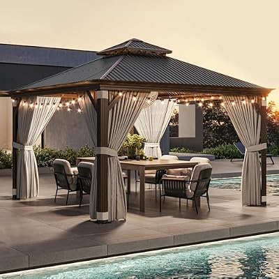 BELLEZE 12 x 12ft Hardtop Gazebo, Widen Pole Outdoor Canopy, Aluminium Frame Galvanized Steel Double Roof Waterproof Gazebo Tent with Nettings and Curtains for Patio, Backyard, Deck, Lawns, Garden