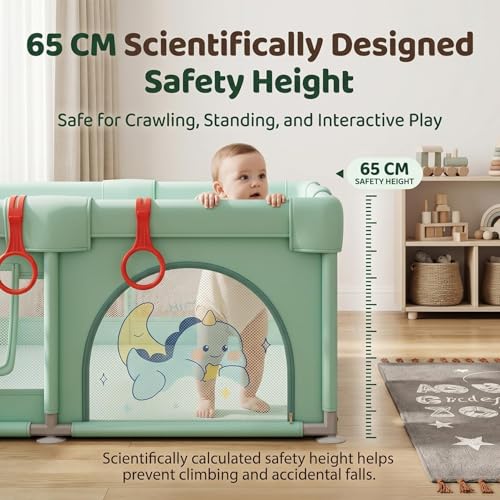 Image of StarAndDaisy Play Pen for Baby for 0-5 Years 150 x 180 cm Baby Play Area Indoor Setup with Safety Lock & Anti-Fall Grasp System | Breathable Play Pen for Kids Indoor - Green