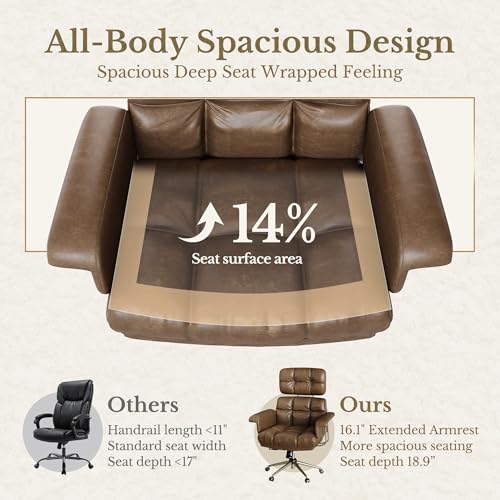 Executive Leather Office Chair - Brown Ergonomic Desk Chair with Thick Cushion & Lumbar Support, Comfy Mid Century Modern Swivel Computer Chair for Home Office - Image 7