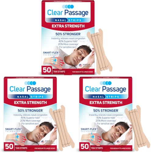 Image of Clear Passage Nasal Strips Extra Strength, Tan, 50 Count | Works Instantly to Improve Sleep, Reduce Snoring, & Relieve Nasal Congestion Due to Colds & Allergies (Pack of 3)