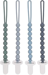 4-Pack Silicone Pacifier Clips with One-Piece Beads for Baby Boys and Girls - Flexible and Rust-Free Holders for Teething Relief and Baby Essentials, Safe for Newborns (Grey)