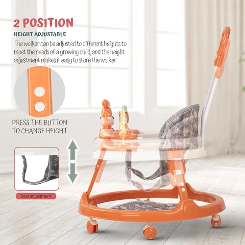 Image of Baybee Bunny Pro 2-in-1 Baby Walker for Kids with Push Handle, 2-Level Height Adjustment, Mat & Musical Toy Bar | Activity Push Walker for Babies 6-18 Months (Orange)