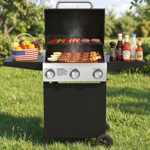 Image of Veralune 3 Burner Gas Grill, Outdoor Propane Grill with Wheels, 445 SQ. IN | Garden Barbecue Grill, 36000 BTU, Folding Side Tables, Cast Iron Cooking Grates for, Outdoor Cooking