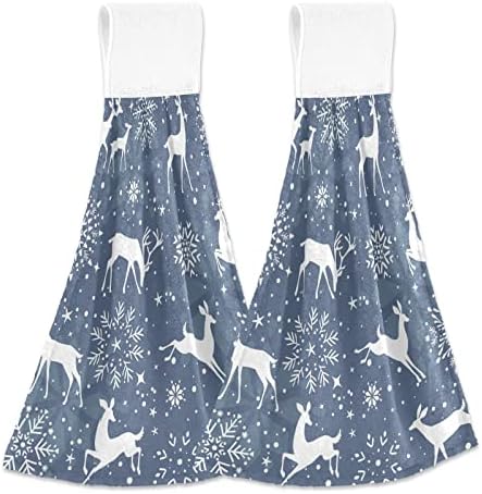 Vnurnrn Hand Towels for Kitchen 2 Pcs Hanging Kitchen Towels Set，Soft Absorbent Tea Bar Dish Cloths Bath Towel for Bathroom Laundry Room (Snowflake and Reindeer)