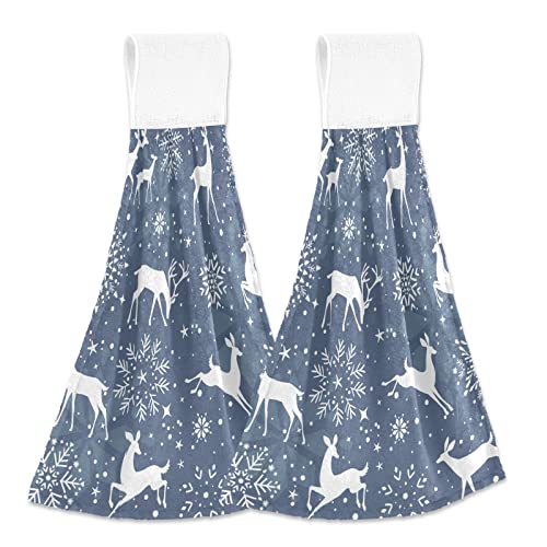 Vnurnrn Hand Towels For Kitchen 2 Pcs Hanging Kitchen Towels Set，Soft Absorbent Tea Bar Dish Cloths Bath Towel For Bathroom Laundry Room (Snowflake And Reindeer) #TOP2