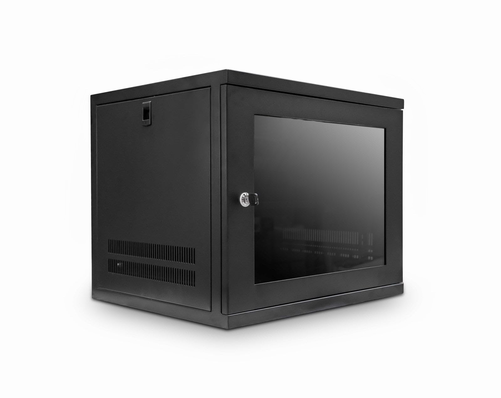 LMS Data Server Rack Data Cabinet - 9U 450mm Deep Wall Mounted 19 Inch Black Storage Rack with Glass Door, Removable Side Panels, Front-Rear Lockable (9U Glass Door)