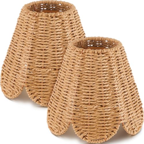 Glooglitter Small Clip-on Chandelier Rattan Lamps Set Shade Scalloped Lampshade 3top x 6bottom x 5-1/4slant Height Empire Lamp Shade Chandelier or Accent Lamp(Paper Rope Naturals 2 Pcs)