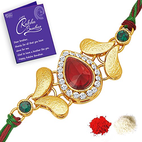 Image of Sukkhi Rakhi for Brother Stylish Kundan Combo & Designer Gold Plated with Roli Chawal & Greeting Card Set of 2