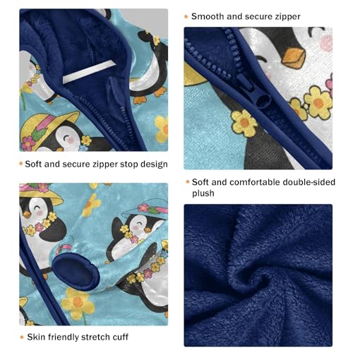 Penguin Pattern with Flowers Toddler Fleece Jacket Girl Boys Hooded Fleece Jacket Coat Warm Outwear Zip-up 3-10T3
