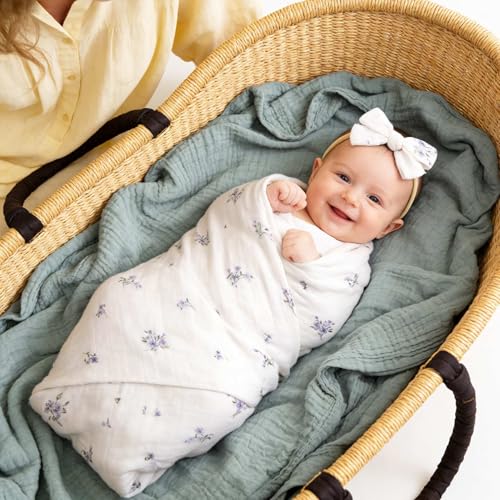 Image of LifeTree Baby Muslin Swaddle Blankets for Boys & Girls, Newborn Swaddle Set with Matching Headband Bow, Infant Blanket Wrap, 47 x 47 inches, Purple Flower, 70% Viscose from Bamboo and 30% Cotton