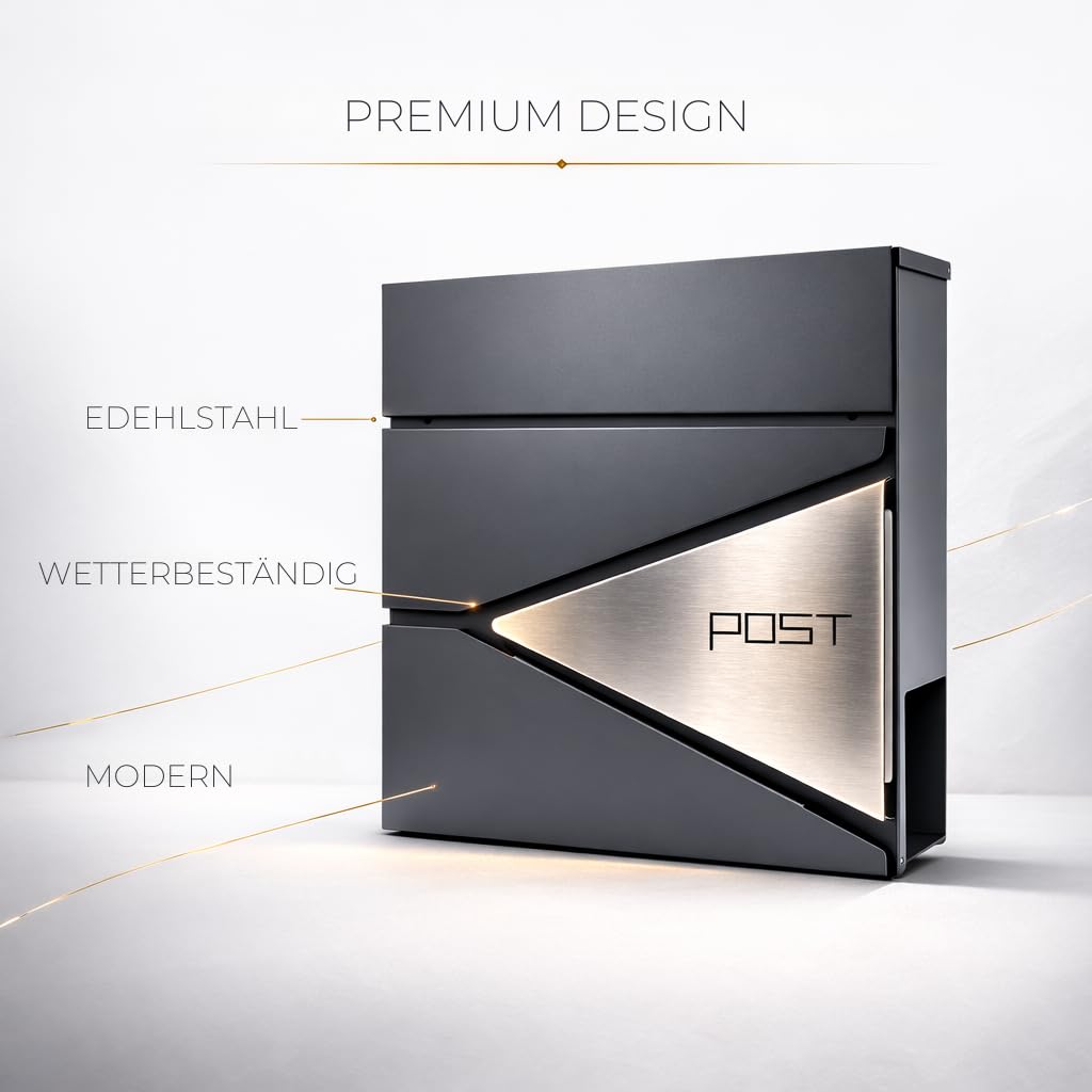 Verda Briefkasten mit Zeitungsfach, Edelstahl, 2X Schlüssel, Anthrazit Postkasten Designer Wandbriefkasten, Schloss unter dem Deckel versteckt, Zeitungsrolle, modern (SN3693-1)