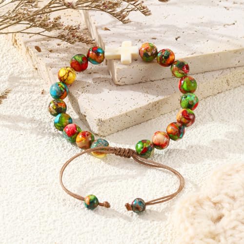 Image of enasal Easter Basket Stuffers for Teens Girls, Nature Stone Easter Gifts Cross Bracelet, Christian Gifts Inspirational Jewelry