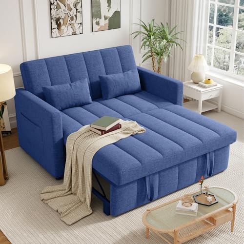 Image of Nebuaegis Sleeper Sofa Bed,3-in-1 Convertible Pull Out Couch with Adjustable Backrest for Living Room,Loveseat Sofa Bed with Side Pockets,Easy Assembly,Blue,1 PCS