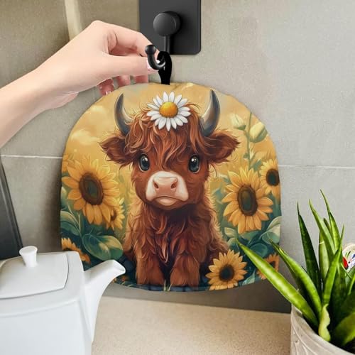 Image of Tea Cozy Sunflower Highland Cow Cute Print Cotton Insulated Tea Cozies for Teapot Keep Warm Kettle Dust Cover Kitchen Accessories