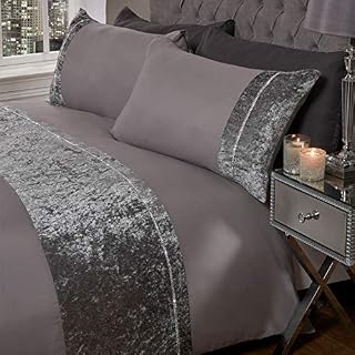 Sienna Luxury Crushed Velvet DIAMANTE Band Duvet Cover with Pillowcase Shimmer Bedding Set, Charcoal Grey - Double