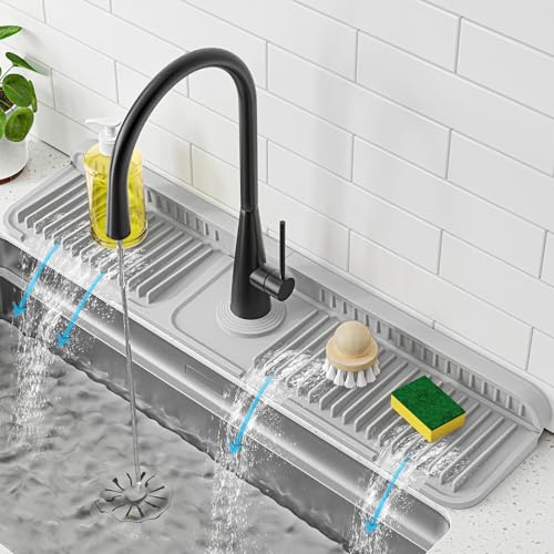 Image of PoYang 24 inch Faucet Mat for Kitchen Sink Splash Guard, 7 Slope Silicone Sink Water Splash Guard for Kitchen Sink Area with Snap, Longer Sink Protectors for kitchen Sink Sponge Holder, Light Grey