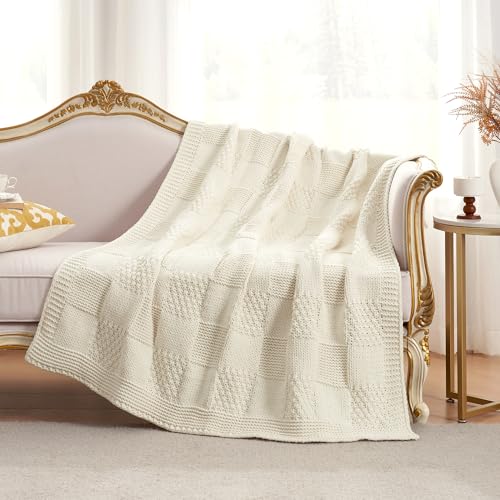 Amélie Home Checkered Chenille Knit Throw Blanket for Couch, Classic Texture Decorative Soft Blanket for Sofa, Chair & Bedroom, 60"x80", Ivory