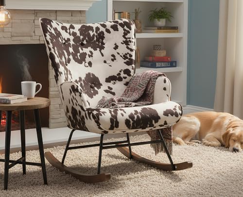 Image of EALSON Nursery Rocking Chair Fabric Upholstered Rocker Chair Tufted Wingback Accent Chair with Wooden Base Modern Comfy Lounge Armchair for Bedroom Living Room, Cow