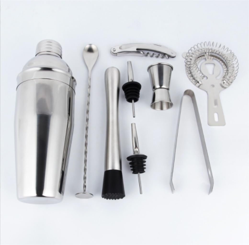 Juego de Cocktail Shaker Herramientas de Barra de Acero Inoxidable de 9 Piezas con Soporte de Base de Madera Kit de coctelería Compatible y Juego de coctelera Coctelera Profesional Herramientas